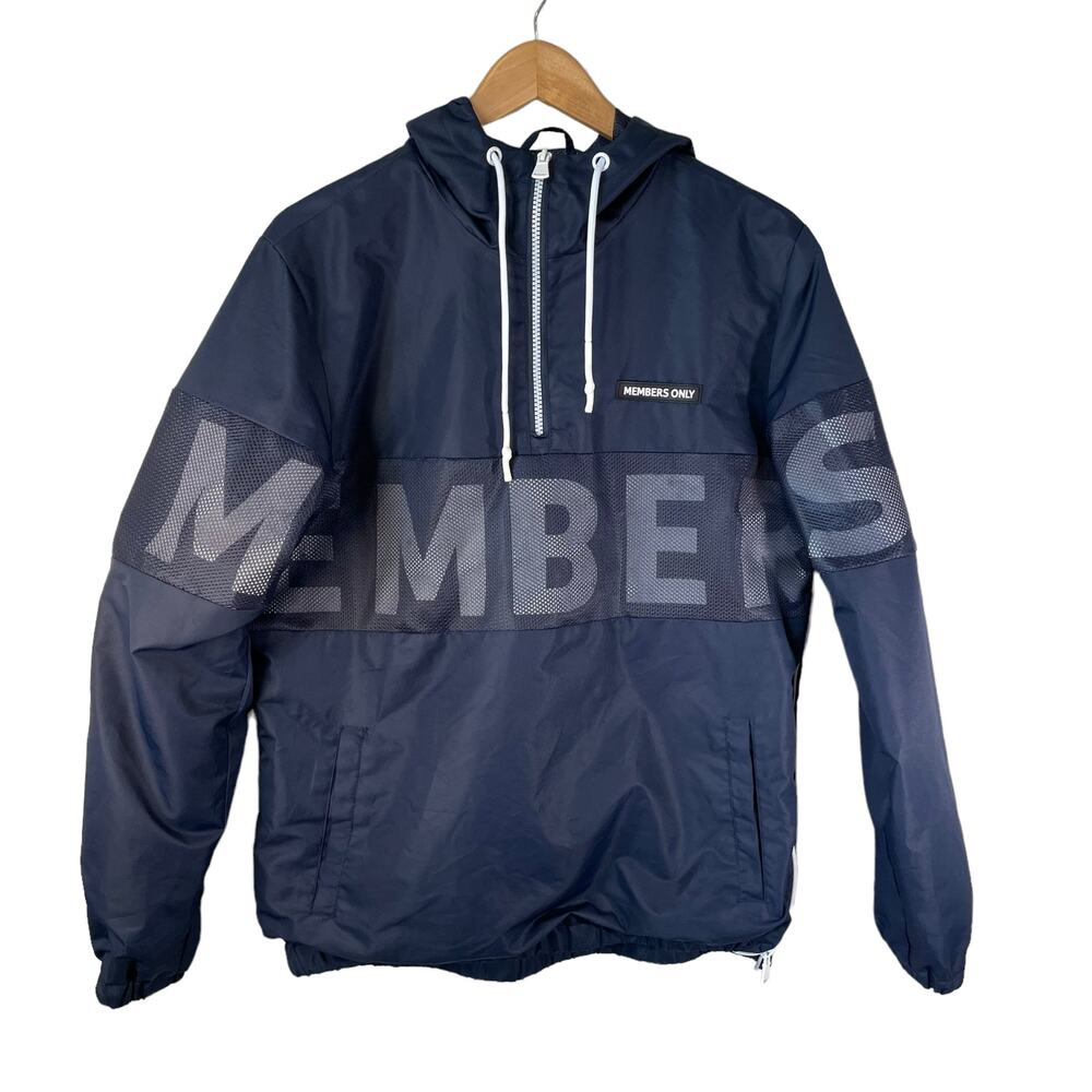 MEMBERS ONLY Mens Half Zip Spell Out Hooded Pullover Jacket Blue S Outdoor Logo